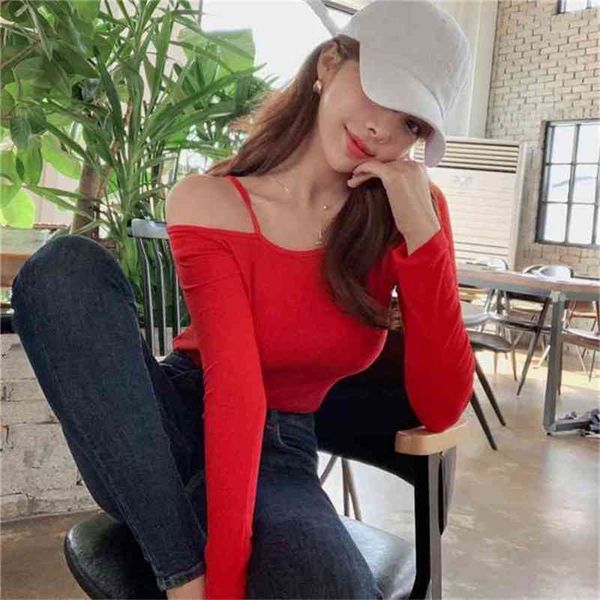 

off-the-shoulder south korea t-shirt female spring solid slim fit skinny tee women casual long sleeve tshirt 210423, White