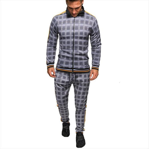 

obrix male sporty set men tracksuit slim fit full sleeve plaid pattern drawstring side stripes pants gentleman comfy for, Gray