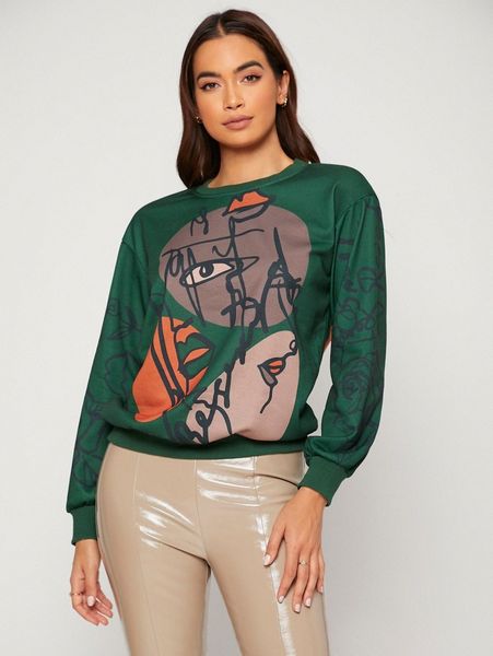 

flower and figure graphic drop shoulder pullover y35k#, White;black