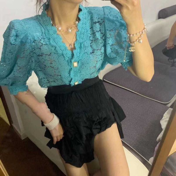 

hollow out lace women's shirt v neck puff half sleeve perspective korean blouse female fashion clothing summer 210601, White