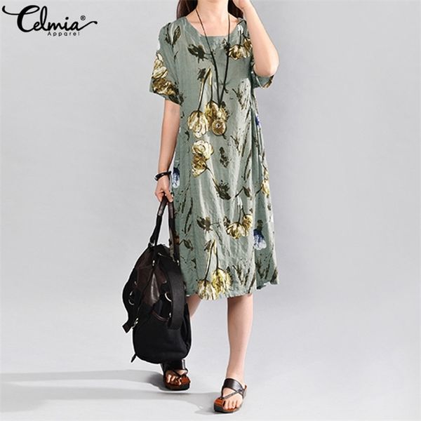 

celmia bohemian summer dress vintage women short sleeve elegant floral print midi sundress loose casual party beach vestidos 5xl, Black;gray