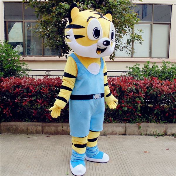 Costumes Mascot Esportes Tigre Traje Mascote com Listras Pretas Amarelas Pele Grandes Olhos para Halloween Purim Party Roupas Animal Mascotte Costu