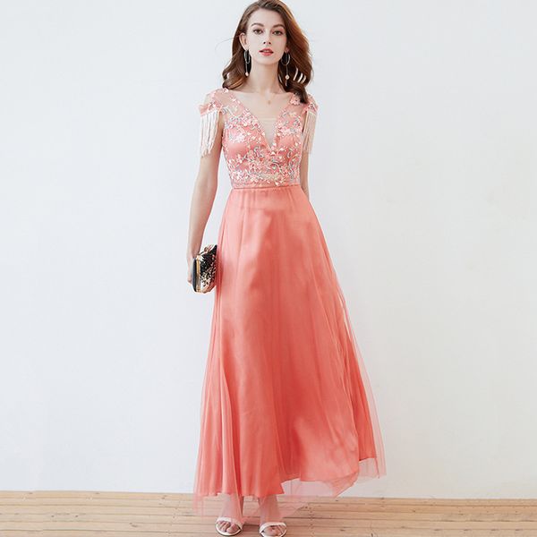

women's runway dresses v neck sleevless off the shoulder tassels embroidery layered elegant long party prom, Black