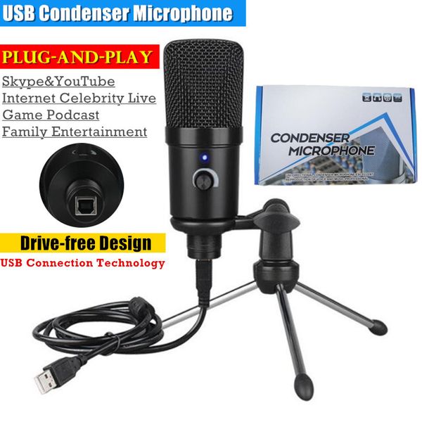 Microfone de gravação de condensador de metal USB para laptop Windows Cardioid Studio Gravação Voice Over, YouTube Webcast Karaoke