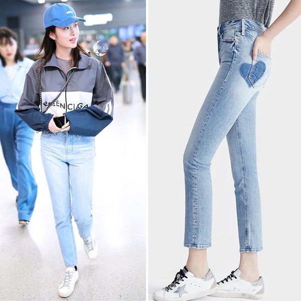 

autumn trendy design street high waist heart-shaped slim straight light blue versatile fashion causal jeans woman women's