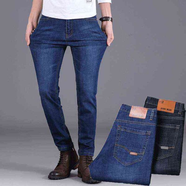 

four seasons elastic straight work jeans korean slim fashion men's pants, Blue