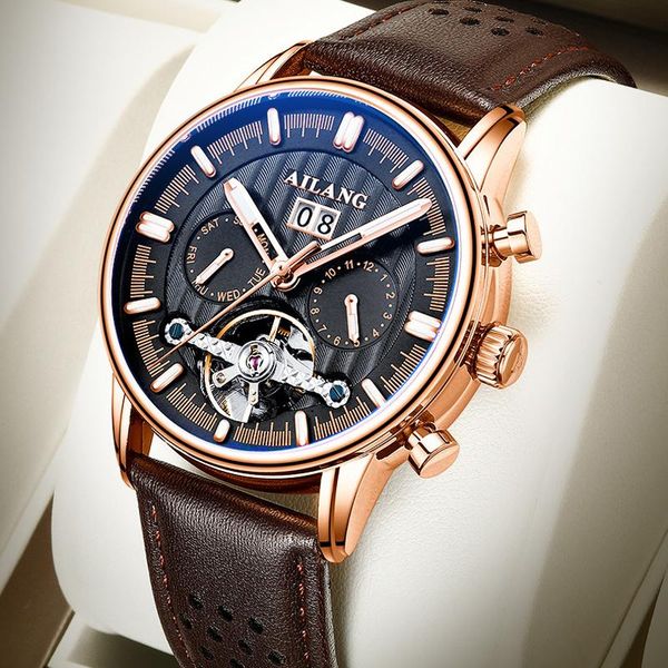 

wristwatches ailang automatic mechanical luminous waterproof men's watch calendar week tourbillon stainless steel business 201, Slivery;brown