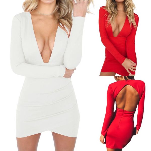 

casual dresses female dress, solid color deep v-neck long sleeve one p close-fitting dress for fall, white/red/black, Black;gray