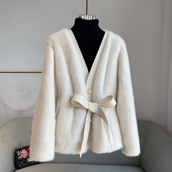 

women's fur & faux mink coats women 2021 winter fashion white coat elegant thick warm outerwear fake woman v neck slim jacket, Black