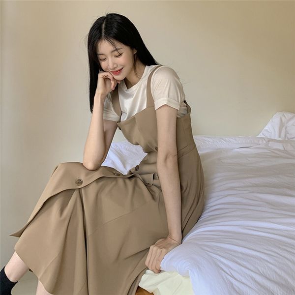 

women sling dress double breasted 2021 summer two-piece clothing korean style casual o-neck t-shirt solid short sleeve, White