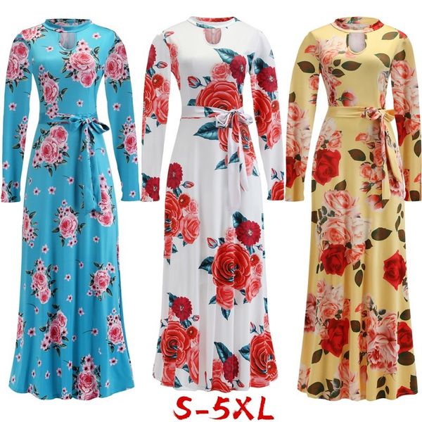 

bohemia flower floral print women's dress casual hollow out maxi es fashion boho belt tunic party vestidos plus size 210520, Black;gray