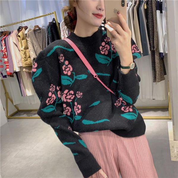 

goods big sweater coat on long sleeve head female loose outside languid is lazy temperament of jacquard wind women's sweaters, White;black