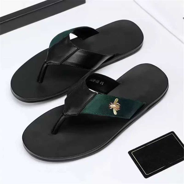 

2022 fashion black soft leather sandals mules bees summers slide slippery flat chain sandals wide t-bar casual beach slip sandals with box