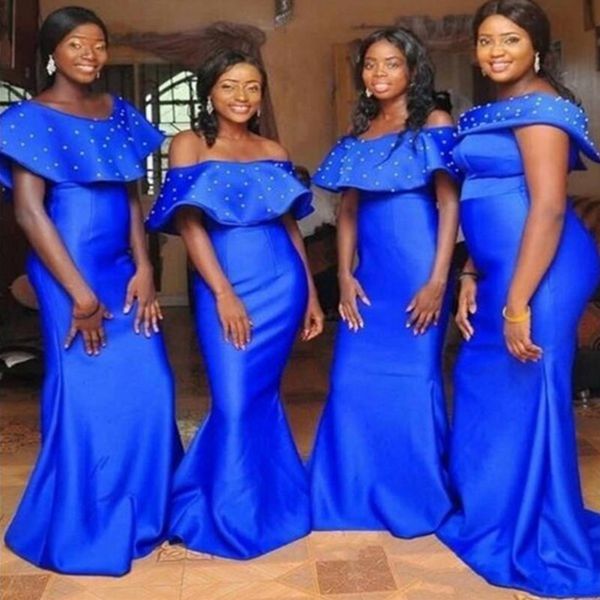 

2022 plus size royal blue mermaid bridesmaids dresses long off shoulder satin maid of the honor gowns beads wedding guest dress, White;pink