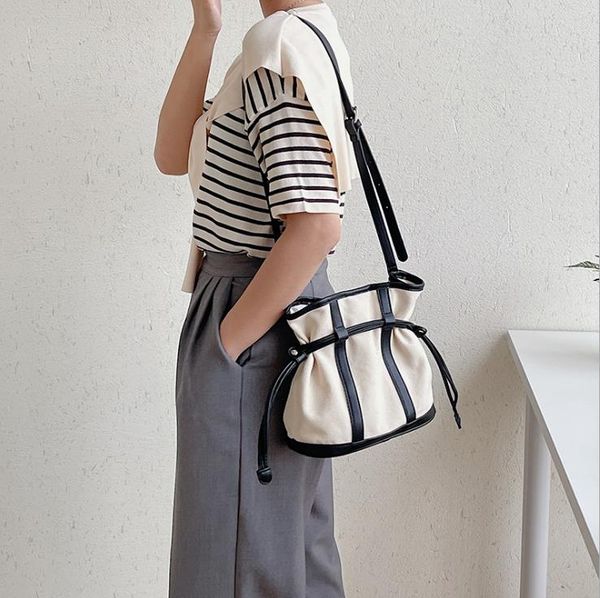 

spring/summer women's bag drawstring folded shoulder messenger bags personality canvas fashion splicing totes
