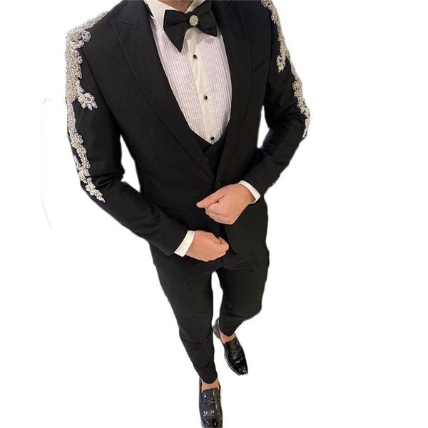 

men's suits & blazers three pieces luxury men crystal beads custom made wedding two button tuxedos peaked lapel blazer business coat+pa, White;black