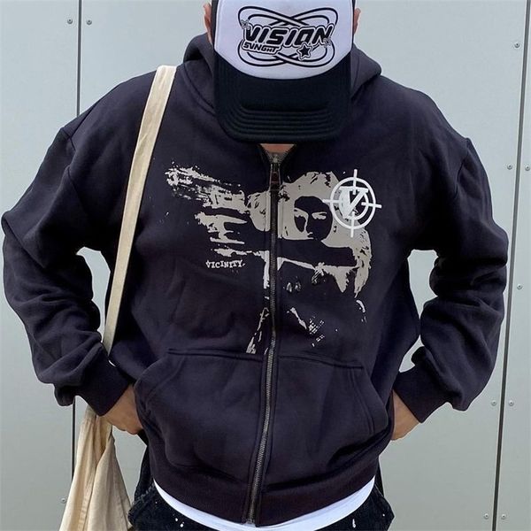 Anime baskı Gotik Streetwear Uzun Kollu Siyah Zip Hoodie Y2k Grunge Kazak Kore Moda Punk Spor Ceket Kazak 220.315 giysi