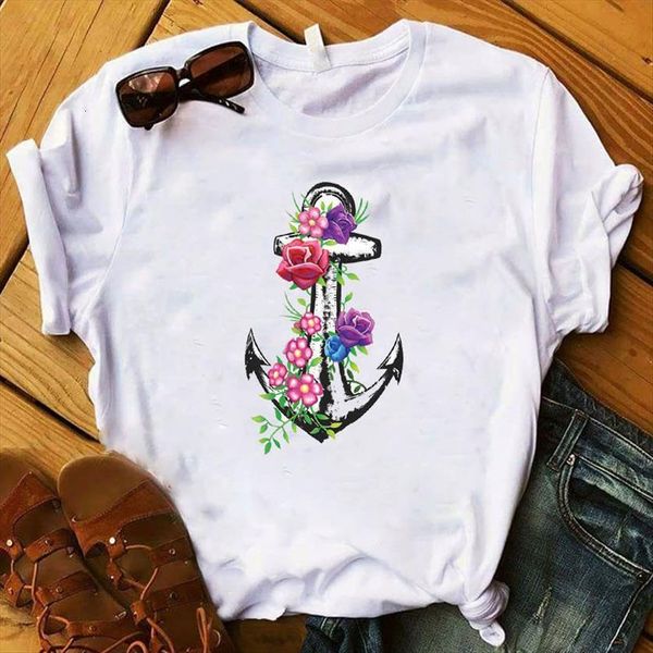 

anchor flower printed womens t shirts short sleeve tee clothes graphic, White
