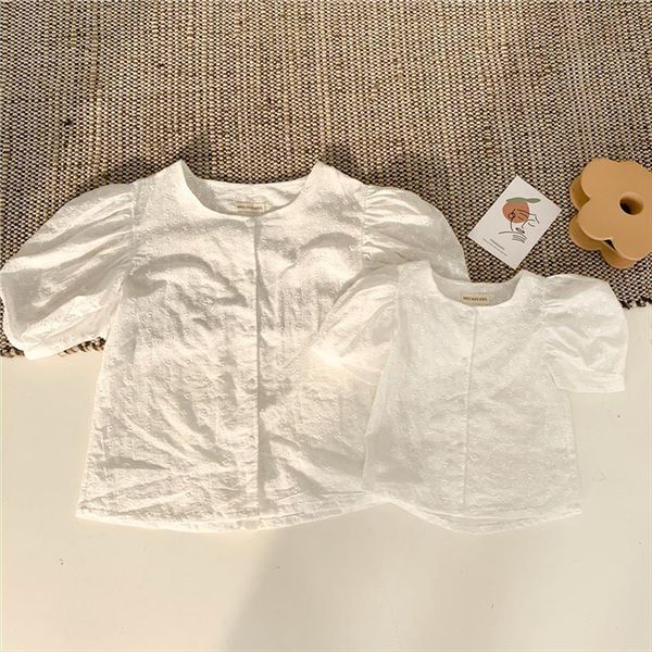 

summer baby girls cotton lace embroidery blouses puff sleeve chic kids korean style white shirts, White;black