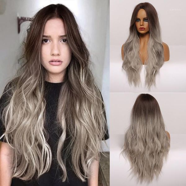 

long wavy synthetic wigs brown to gray ombre hair middle part heat resistant fiber natural wave cosplay for women1, Black