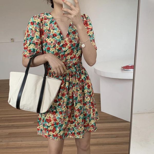 

dresses slim printed thin waist-controlled retro sweet fresh florals vintage women a-line mini, Black;gray