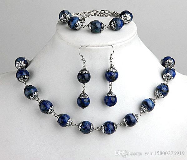 

1set fashions lapis lazuli ball beads bracelet necklace earrings hook jewelry set 0.47" hot, Black