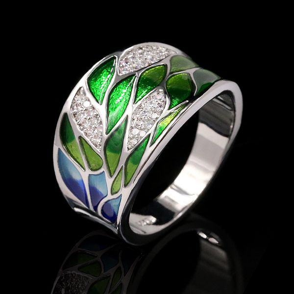 

elegant bohemian style 925 silver colored enamel flower ladies ring zircon inlaid wedding ring fashion jewelry flower ring, Slivery;golden