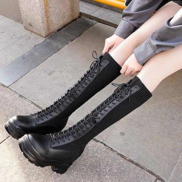 

boots long over the knee-high thigh knight for women suede flock high heels zip fur motorcycle botas mujer winter shoes, Black
