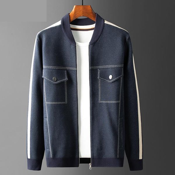 

men's sweaters autumn men fashion blue cardigan zipper coat mandarin collar computer knitted thick striped sweater jacket plus size -4, White;black