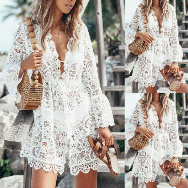 

women ladies fashion summer beach dress v neck girls sun protection lace dresses casual, Black;gray