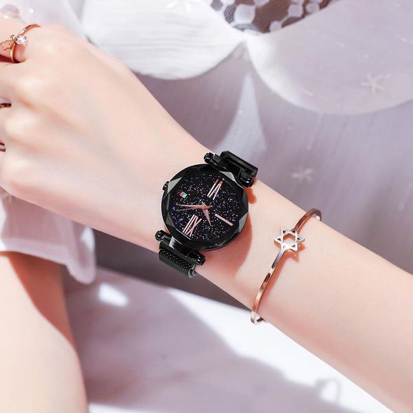 

wristwatches brand watches for women rose gold mesh magnet buckle starry quartz watch geometric surface casual wrist, Slivery;brown