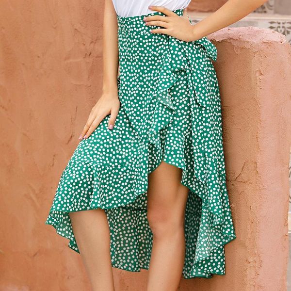 

skirts summer womens 2021 casual print high waist mid-length chiffon ruffle boho maxi skirt woman split female #612, Black