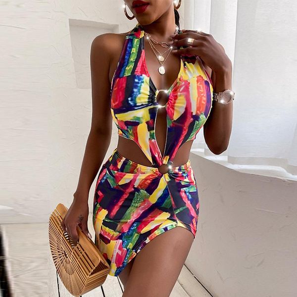 

two-piece suits halter ring hollow out one piece swimsuit 2021 printed push up women swimwear backless side slit femme bikini set biqui