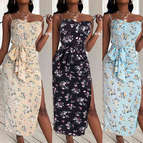 

casual dresses 2022 summer style temperament slim long skirt print split suspender dresses, Black;gray