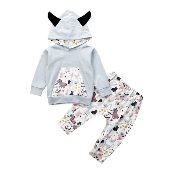 Pudcoco Usps Trasporto Veloce 0-24m Neonato Ragazzo Ragazza Kid Animale Stampato Felpa Con Cappuccio Maglione Top Pantaloni Vestiti Set G1023