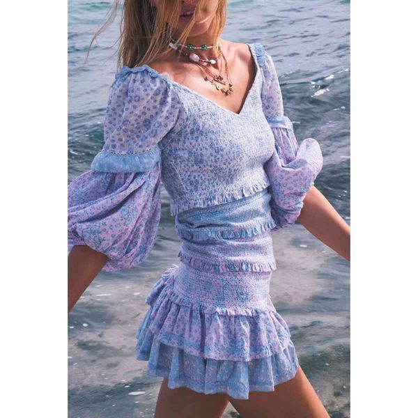 

jastie floral-print mini dress women v-neck cropped sleeve summer dresses tiered ruffled boho beach dress party female vestidos 210419, White