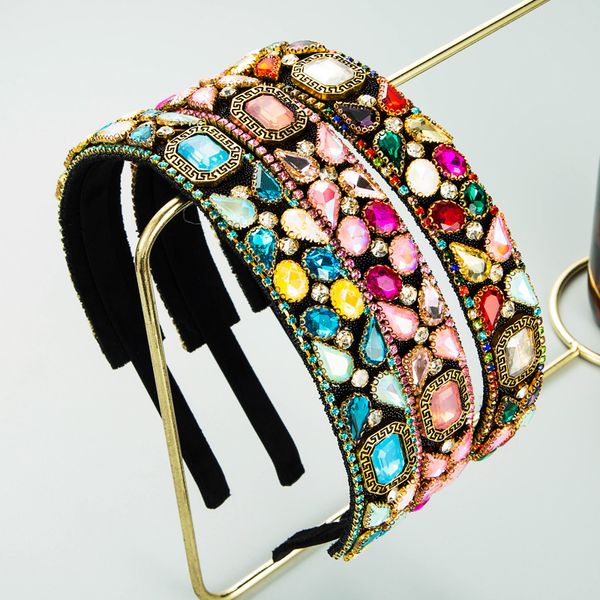 luxury ins full multi color crystal headband elegent geometric gem diamond beaded hairband girls party jewelry crowns, Silver