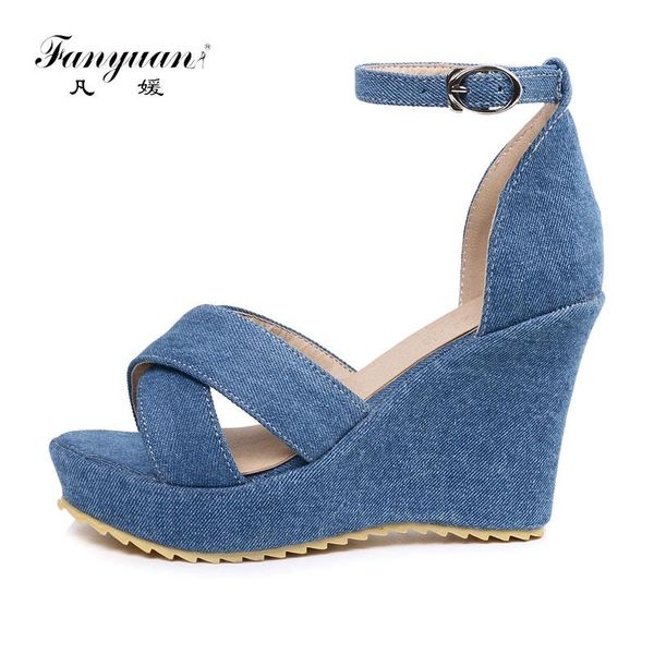 

fanyuan ankle strap sandals ladies platform wedges summer open toes denim shoes women dress high heels sandalia feminina, Black