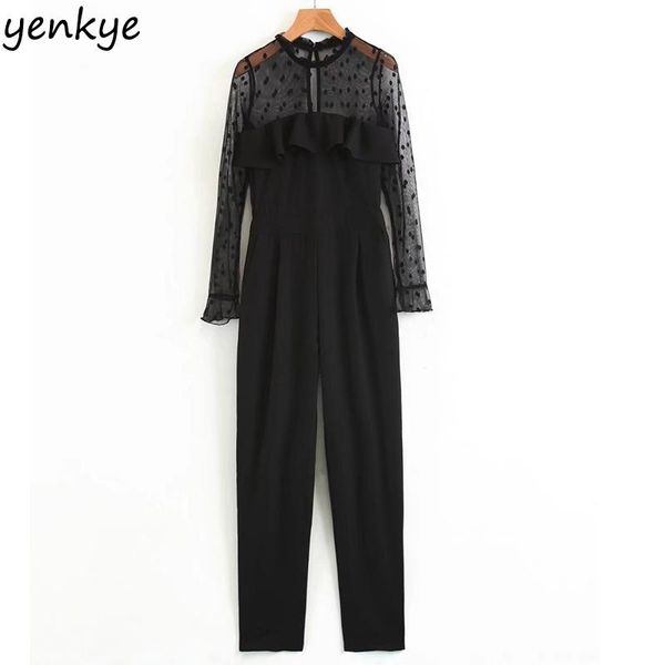 

women's jumpsuits & rompers women perspective shoulder long sleeve voile jumpsuit stand collar ruffle black overalls elegant xqb7120, Black;white