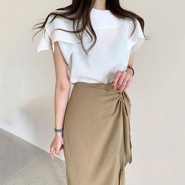 

[ewq]khaki casual pleated high waist lace-up asymmetrical split half-body skirt women fashion tide spring summer 2021 z498 skirts, Black