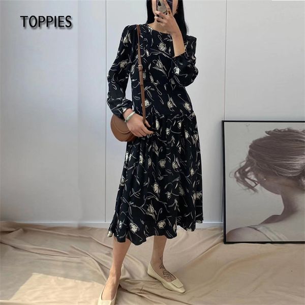 

spring floral printing chiffon midi dress korean women smocks loose long sleeve round neck 210421, Black;gray