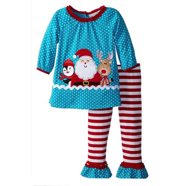 Trajes de Natal Bebê Meninas Roupas Suits Azul Dot Santa Menina Blusa Stripe Pant Conjuntos de Crianças Roupas Infantil Dress Top 210413