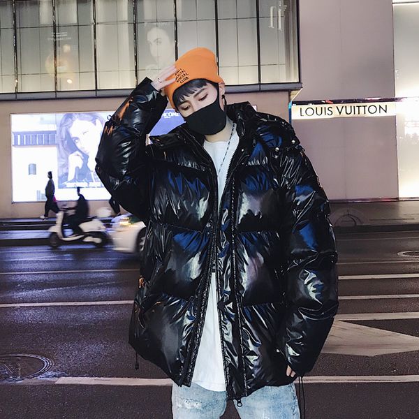 

men's down & parkas korean winter cotton jacket coat men fashion loose hip hop glossy thick warm padded hooded parka mkw2, Black