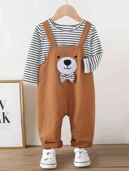

baby striped tee & cartoon embroidery bow front jumpsuit she, White