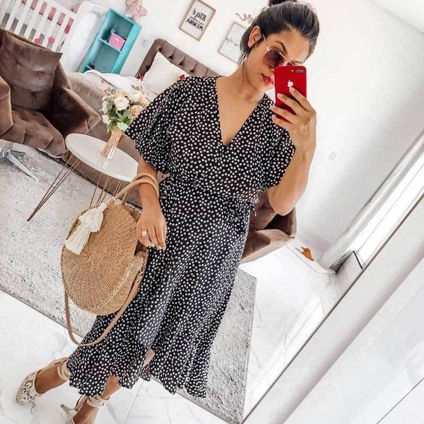 

inspired black floral ruffled for women self-tie wrap summer v-neck beach plus size dress 210412, Black;gray