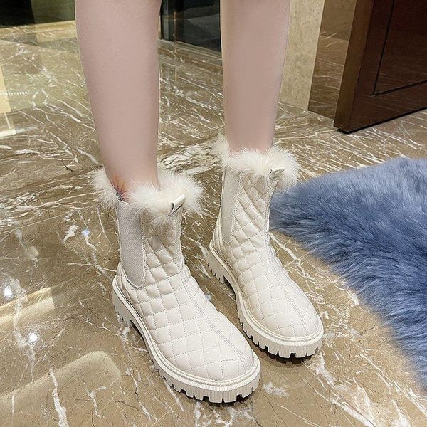 

boots fashion women winter slip on furry square heel warm luxury shoes solid color plush ladies booties woman, Black