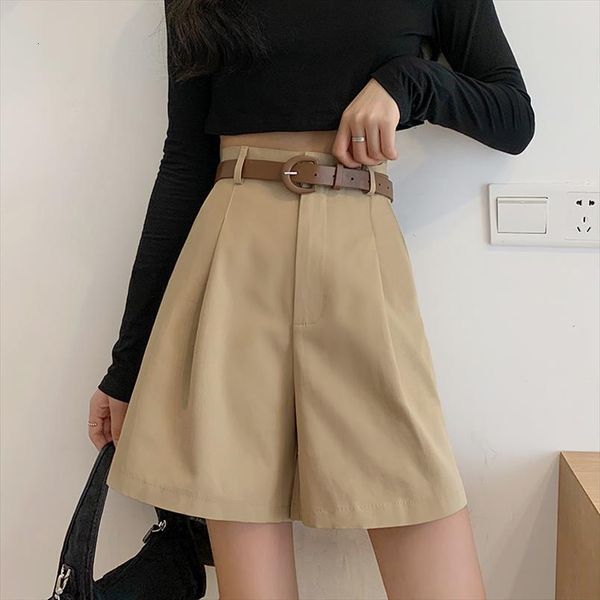 

high waist knee length with women short belt plus size solid loose casual wide leg streetwear summer, White;black