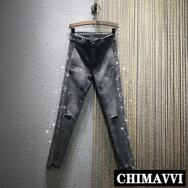 

european 2021 autumn high waist jeans slim side heavy rhinestone stretch pants women skinny denim trousers women's, Blue