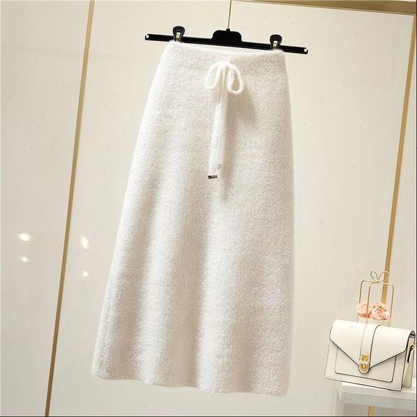 

office spring autumn warm knitted womens skirt pencil high waist elegant midi long lace up sweater k261, Black