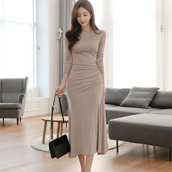 

casual dresses 2021 autumn fashion simple solid color office lady long sleeve high waist tight hem loose temperament elegant party dress wom, Black;gray
